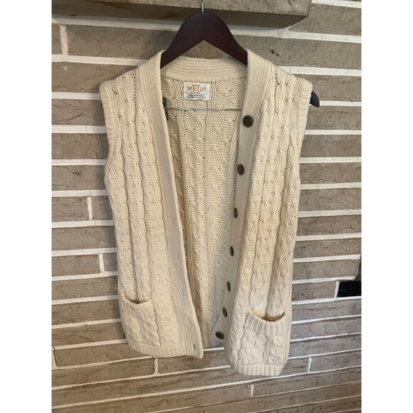 Lambswool Cyn Les sweater vest Cableknit cream aran preppy vintage fisherman - Picture 3 of 9